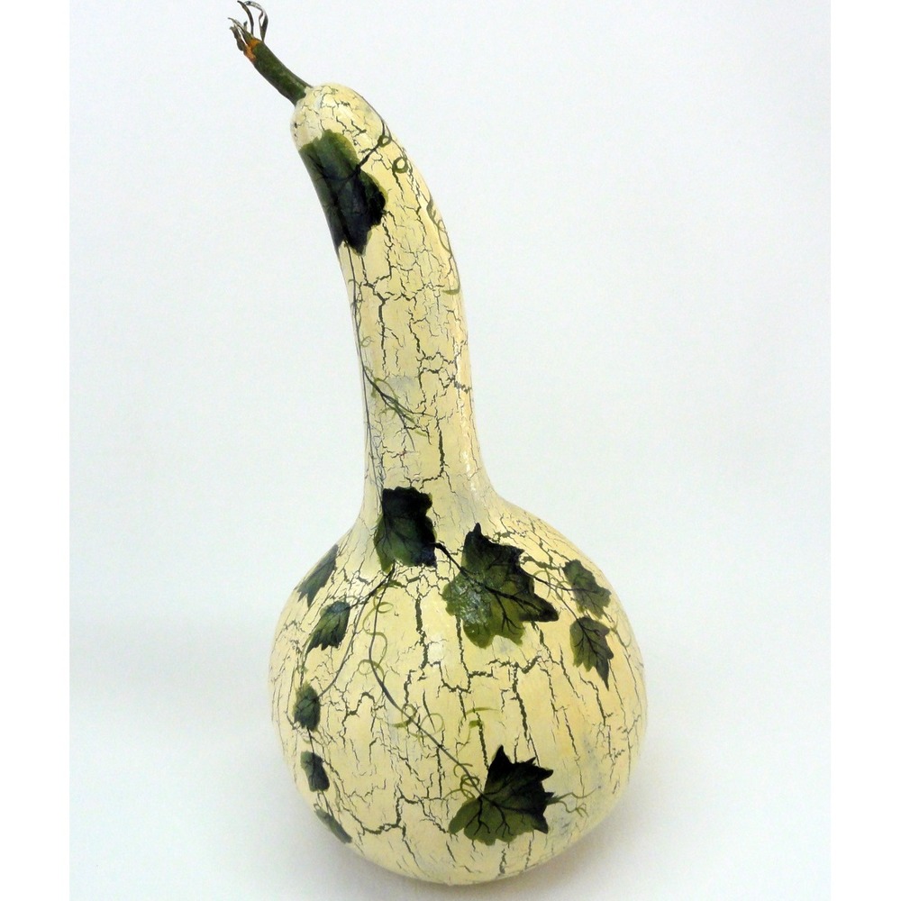 Hand Painted Dried Gourd Long Neck Crackle Finish Green Ivy Vine Decor Rattle - Picture 6 of 11